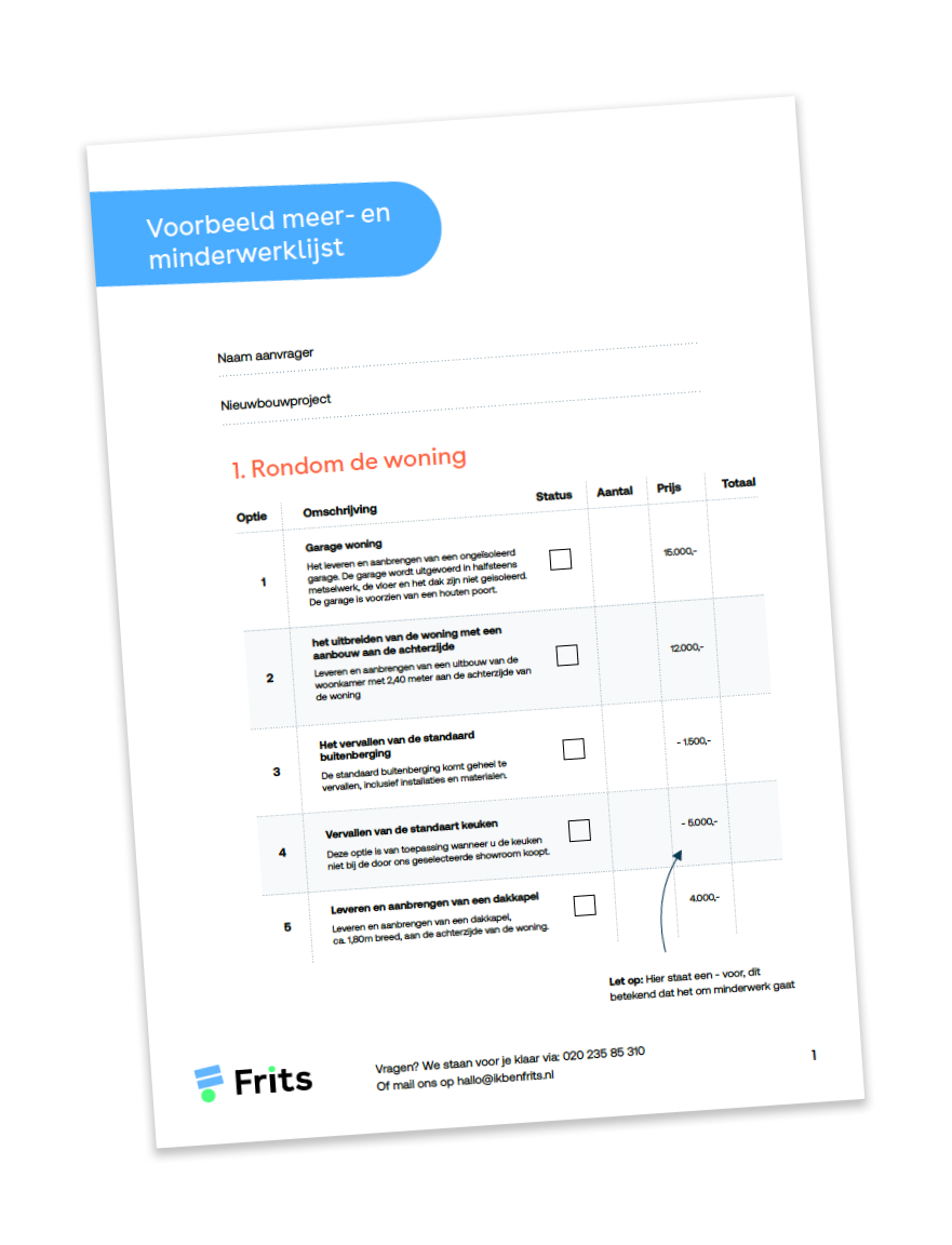 Eerste pagina - Voorbeeld meer- en minderwerk